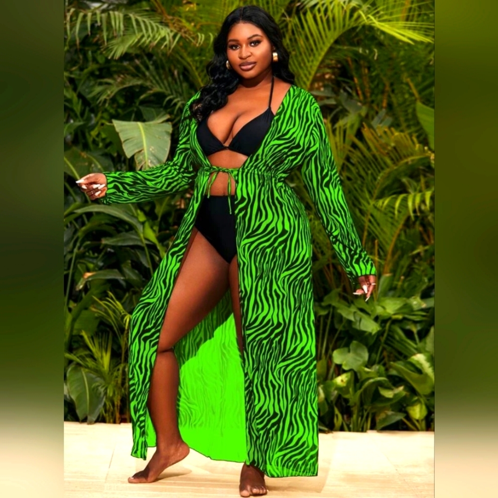 NWOT Kimono/Swimsuit cover up. Mesh Green and Black Zebra.  1X
